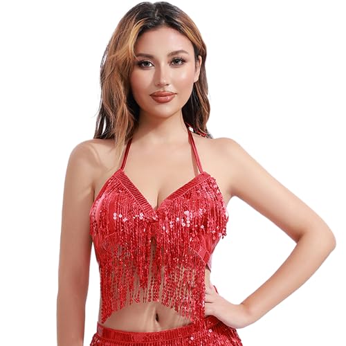 Carnavalife Top mariposa danza del vientre butterfly crop tops belly dance costume top lentejuela danza top corto club fiesta carnaval sexy (Rojo, Top Lentejuela)