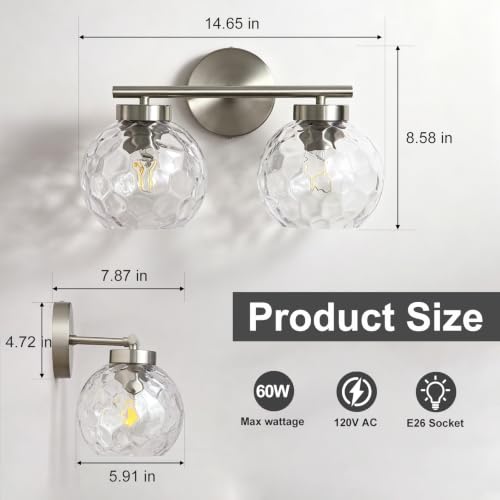 Image of Brushed Nickel 2-Light Bathroom Vanity Light Fixture Over Mirror, Hardwired