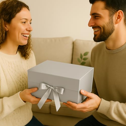 Image of Awestuffs Premium Silver Gift Boxes for Gift Packaging, Reusable Decorative Gift Boxes (23 x 16 x 10 cm) for Hampers, Weddings, Birthdays, Festivals & Corporate Gifts (Pack of 6)
