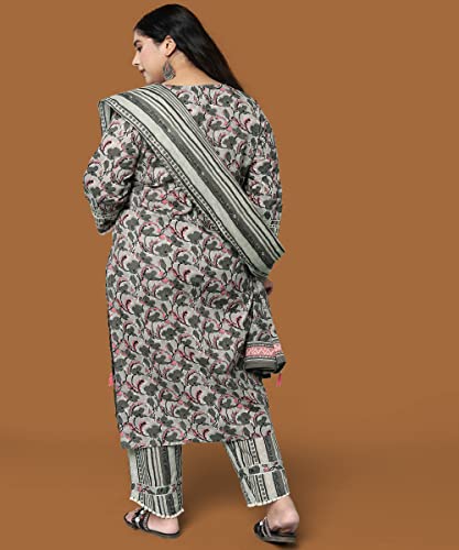 MIRCHI FASHION Plus Size Women Straight Fit Cotton Printed Kurta with Trouser Pant & Dupatta Set
