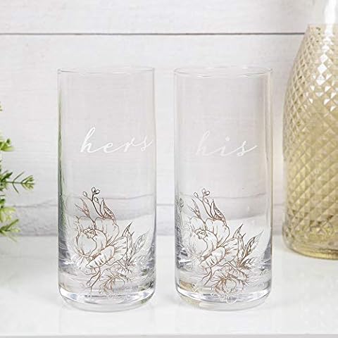 Amore Set of Two His & Hers Highball Glasses with Silver Floral Foil Pattern Cover