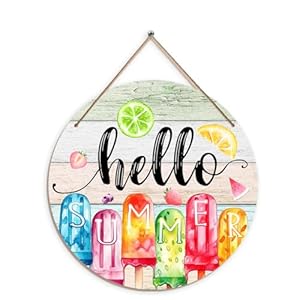 TAGDANK Hello Summer Welcome Door Sign Summer Decorations Hanging Sign Summer Wall Decor Rustic Wood Hanging Plaque Round Summer Ice Cream Dopamine Porch Decor for Home Garden Farmhouse Yard