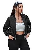 MakeMeChic Women's Plus Size Baseball Jacket Casual Long Sleeve Zip Up Bomber Jacket Black 1XL
