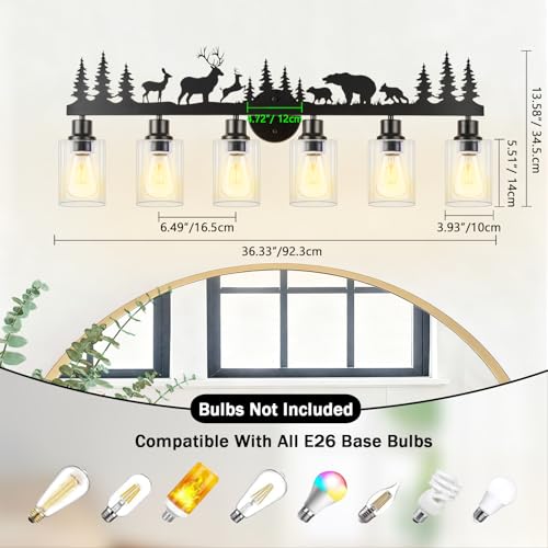 Image of Rustic Bathroom Light Fixtures, 6-Light Farmhouse Vanity Lamp with Deer and Bear Design, Black Wall Lighting with Clear Glass Shade for Bathroom, Hallway, Kitchen, Porch