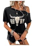 MakeMeChic Women's Cow Print Cold Shoulder T Shirt Short Sleeve Cowgirl Tee Tops Black X-Large