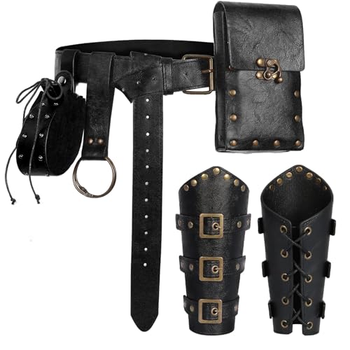 Renaissance Belt Pouch Set Medieval Viking Pirate Leather Belt Pouch & Bracers Festival Accessories for Halloween (Black)