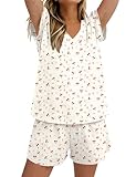 Rapbin Schlafanzug Damen Kurz Pyjama Set Nachtwäsche Loungewear für Frauen Pyjama V Ausschnitt Oberteil und Schlafanzughose Zweiteiliger Hausanzug Casual Elastischer Bund (Weiß Kirschprint M)