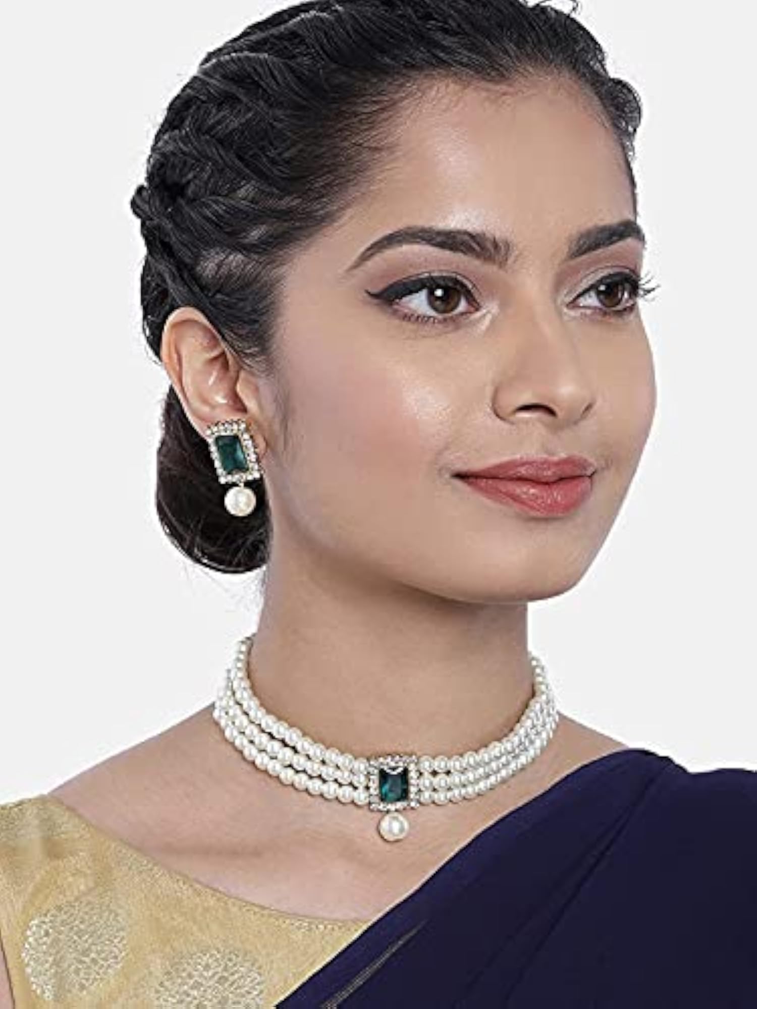 Traditional Stone Pearl Choker Necklace Set (ML237G)
