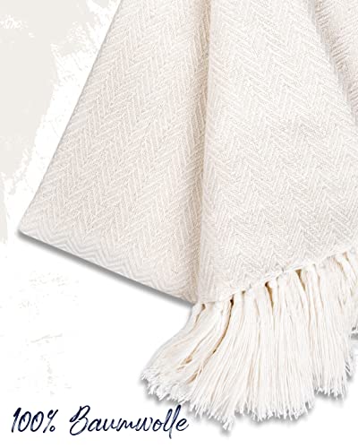 Gräfenstayn Colcha Premium con Flecos - 100% Algodón - 220 x 240 cm XXL - Manta de Verano con patrón de Espiga - Manta de algodón como Manta de Cama, Manta de sofá, Manta de sofá (Crema) - imagen 2