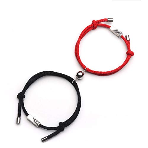 Raintoad Couple Bracelets Magnetic Charm Pendants Braided Rope Bracelet with Magnetic Bells Vows of Eternal Love Charms 2 PCS for Women Men (Red+Black)