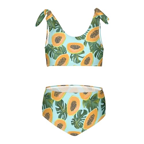 Wusikd Tropical Papaya Monstera Girls Swimsuits Two Piece Turquoise Swimwear Bikini Set for for Girls Size 3T