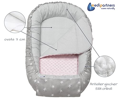 Medi Partners Babynest Kuschelnest Babynestchen 100% Baumwolle Nestchen Reisebett für Babys Säuglinge 100x60x15cm herausnehmbarer Einsatz (graue Sternen mit Hellrosa Minky) – Bild 3