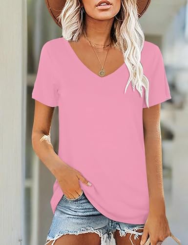 Image of Elesomo Womens T Shirts V Neck Summer Short /Long Sleeve Cotton Tops Tees