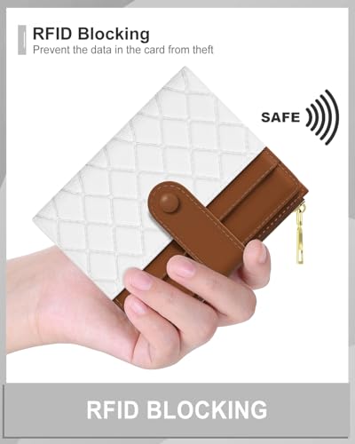 Womens Wallet, RFID Small Slim Wallets for Women, Compact Credit Card Holder, Cute Leather Bifold Ladies Purse with Zipper Coin Pocket and ID Window, White Brown4