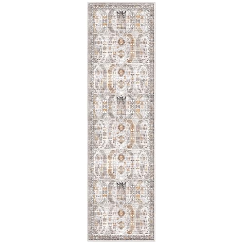 Madane Runner Rug 2'6''x8' Kitchen Runner, Hallway Runner Printed Vintage Washable Rugs Soft Non-Slip Low Pile 2.5x8 ft Runners for Hallways Laundry Room Rug Distressed Rug, Brown/Gold
