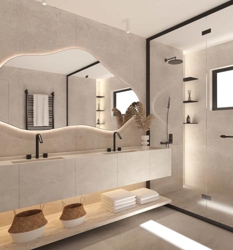 KT WALL ART Asymmetrical Bathroom LED Mirror, Modern Irregular Shape Wall Mirror with LED Lights, Frameless Aesthetic Backlit LED Illimunated Vanity Mirror (20" x 10" inc) - Image 5