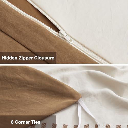 Image of Oli Anderson Boho Duvet Cover Set Queen Size, Beige and Terracotta Color Clash 3 Pieces Microfiber Bedding Set, Durable and Super Soft Duvet Covers with Zipper and Ties, 90 inch*90 inch
