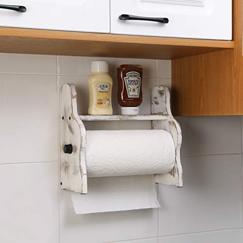 Mygift Wall Mounted Whitewashed Solid Wood Paper Towel Roll Holder With Industrial Metal Pipe Easy Refill Bar, Kitchen Countertop Paper Towel Dispenser And Shelf #TOP1