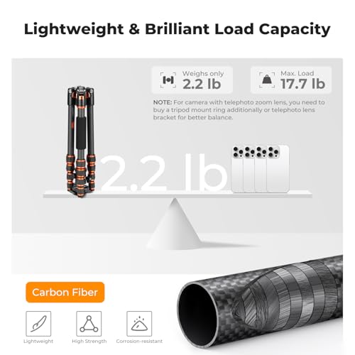 K&F Concept 60 inch Carbon Fiber Camera Tripod,Super Lightweight Compact Travel Tripod with 360 Degree Ball Head,Quick Release Plate,Detachable Monopod 17 lb Load Capacity for SLR DSLR C225C0 (BA225)