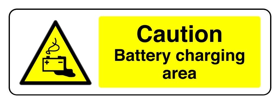 Caution Battery Charging Area - safety sign - 1.2mm Rigid plastic for indoor/outdoor usage (300mm x 100mm) Viewing Distance within 5m.