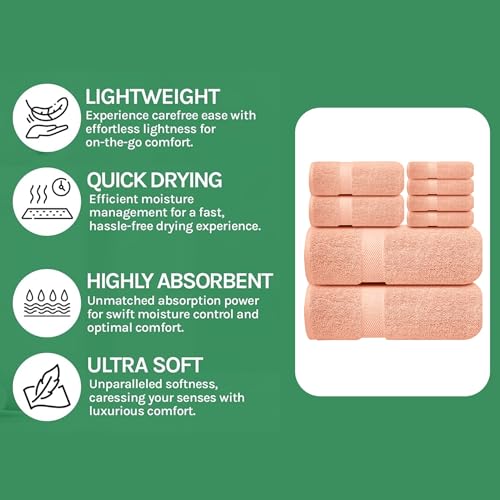 Image of Sulfar 100% Combed Cotton, 8 Pcs Towel Set - 2 Bath Towels (70 x 140 cm), 2 Hand Towels (40 x 70 cm) and 4 Face Towel (30 x 30 cm) (600 GSM, Pack of 8) Tender Peach