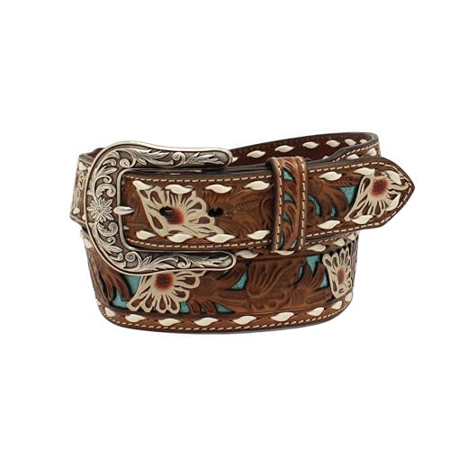 ARIAT Ladies Genuine Leather Belt with White Floral Overlay and Turquoise Shimmer Underlay