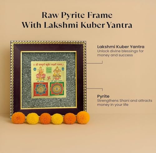 Image of Lakshmi Kuber Yantra on Raw Pyrite Frame | Pyrite Attracts Money, Yantra Brings Wealth | Invoke Laxmi & Kuber for Blessings & Stability | Vastu items for Home & Office | 19x19x1 cm | 1 Piece