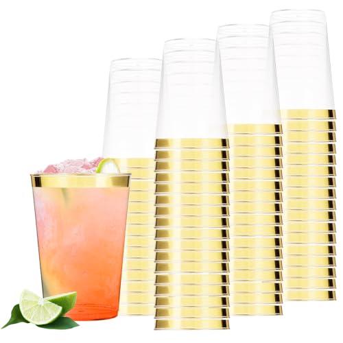 Lot de 60 gobelets en plastique avec bord doré, 350 ml, réutilisables, élégants, pour fête,...