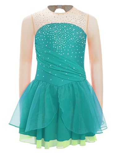 Jan Jean Kids Girls Glittery Figure Ice Skating Dress Long Sleeve Ballet Dance Leotard Lyrical Dancewear for Competition Green 12 Years