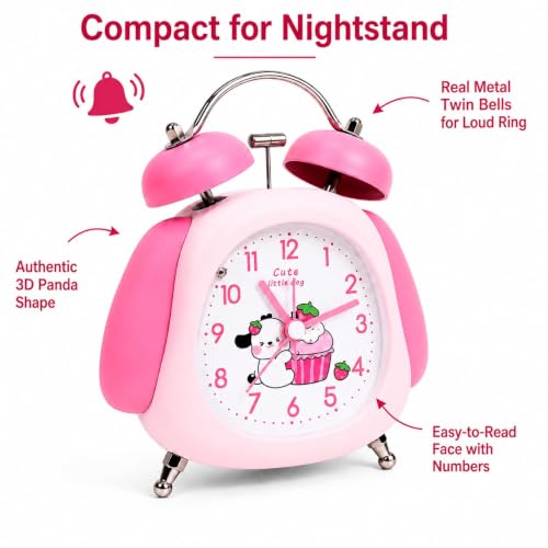 Image of HOME SKILL Alarm Clock for Kids Girls, Cute Pink Analog Alarm Clock for Bedroom, Twin Bell Desk Clock, Silent Non-Ticking Quartz Table Clock for Children, Teens & Adults (Pink Panda)