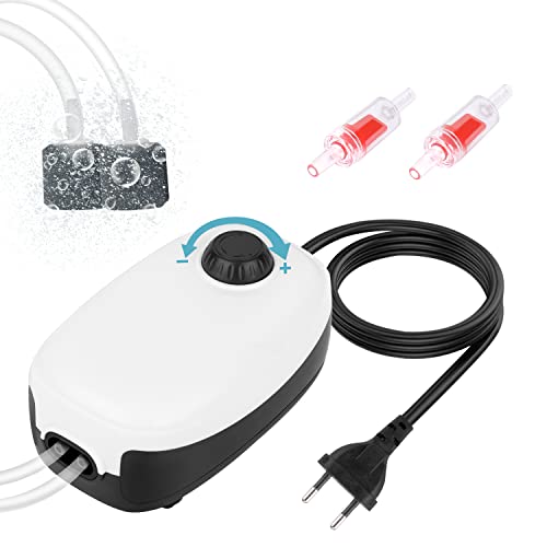 Eyein Aquarium Luftpumpe, einstellbar leise Sauerstoffpumpe mit Doppeltes Auslassventil für 400L Aquarium, aufhängbare Membranpumpe Aquarium mit Zubehör Luftstein / Rückschlagventil / Schlauch Cover