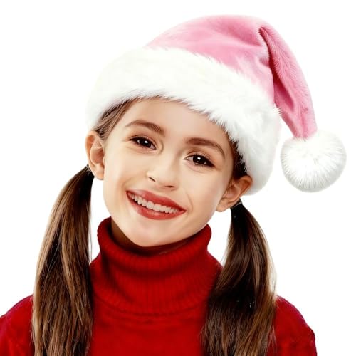 LKQBBSZ Santa Hat for Child Unisex Velvet Comfort Xmas Hat Extra Plush for Christmas New Year Festive Holiday Party (Pink)