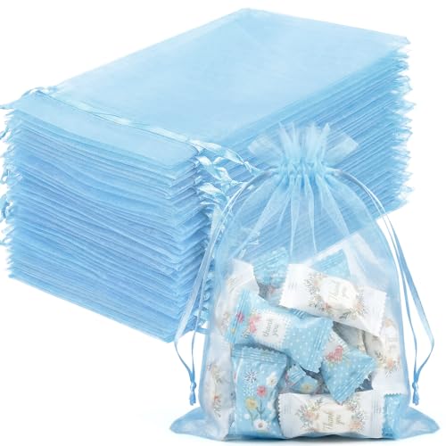 Image of FUNFERY 100PCS Baby Blue Organza Gift Bags 5x7in,Drawstring Jewelry Pouch