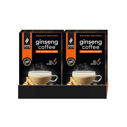 King Cup - 5 Confezioni da 10 Bustine Solubili di Ginseng con Zucchero di Canna, 50 Stick da 9 Gr per Bevanda al Gusto di Ginseng da Aggiungere a 60 Ml di Acqua Calda, Senza Glutine e Senza Lattosio