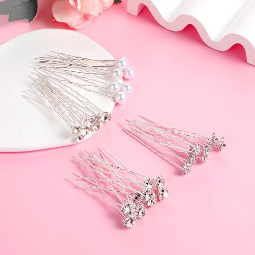 Braut Hochzeit Haarnadeln 40 Stück Strass Perlen Haarnadeln Haarschmuck Silber U-Förmige Blumen Kristalle Brautschmuck für Frauen und Mädchen Kommunion, Hochzeit Party