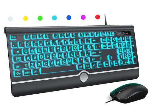 Wired Keyboard and Mouse Combo - Large Print Light Up Keyboard, USB Silent Wired Backlit Keyboard and Optical Mouse for Windows, PC, Laptop - Easy to See, USB Play and Plug