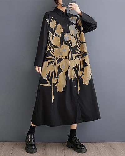 Image of ellazhu Womens Fall Casual Patchwork Funky Long Sleeve Designer Dress Loose Blouse GY2787 A