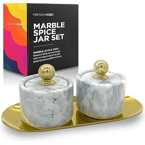 French KOKO 2-Pack Marble Stone Salt and Pepper Set with Gold Tray, Salt Pepper Bowl with Lid Condiment Holder for Cooking Cellars Pink Bowl Container Dish White Cover