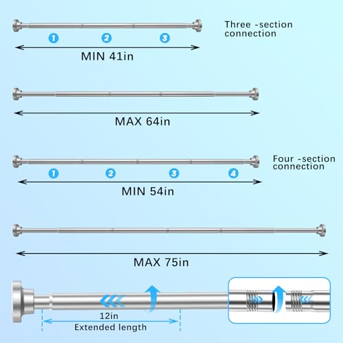 AIZESI Silver Shower Curtain Pole 107-185CM,Adjustable Spring Tension Rod for Bathroom,Non-slip Tension Shower Rod Extenable,No-drilling Tension Curtain Rod,Rust-Resistance Tension Rod. - Image 2