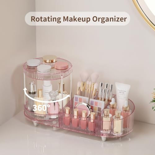 Image of Makeup Organizer for Vanity, 2 Rotating Perfume Trays and 5 Compartments
