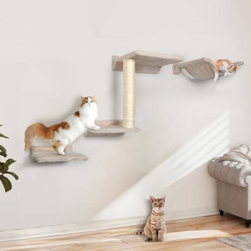 HDLKRR Cat Wall Furniture Shelves - 5 Pcs Wall-Mounted Cat Furniture, Including 2 Steps, 1 Perches, 1 Hammock, 1 Sisal Scratcher Post, DIY Playground for Large Cats