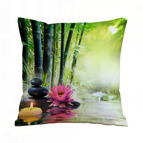 AELKSP Housse Coussin,Spa Lotus en Bambou pour Fleur de méditation Orientale Japonaise Asiatique Zen,50x50 cm,Lot de Coussin Taie d'oreiller Décoratif...