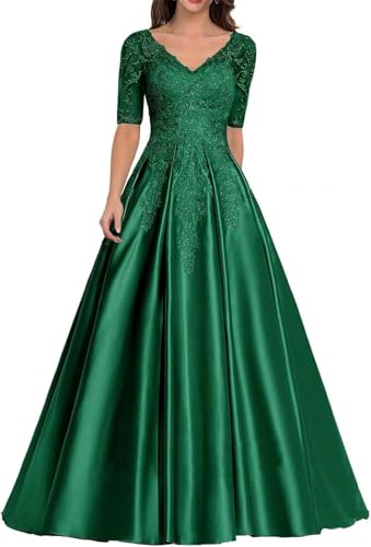 V Neck Mother of The Bride Dress Long Satin Prom Dresses Lace Applique Formal Evening Gown with Sleeve3