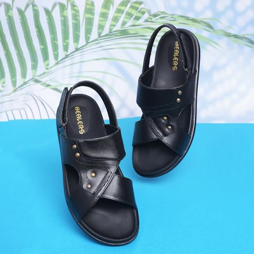 Image of Liberty Healers DANVER-E Sandal for Men, Black - Stylish Casual Formal Look Men's Sandals - Comfortable Leather Look Gents Chappal, Lightweight, Durable Footwear for Office, Travel, Indoor,Outdoor Use