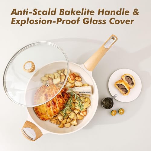 SENSARTE 30cm Beige Keramik Tiefe Bratpfanne mit Deckel, 4.7L Sautepfanne mit Deckel, Große Bratpfanne, Antihaft Kochpfanne, Chef’s Pan, Induktion Geeignet, PFOA/PTFE/PFAS Frei