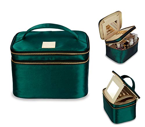 Eudora Double Layer Travel Makeup Bag, Green Nylon Satin Makeup Bag Organizer with Portable Mirror and Brushes holders, Large Cosmetics bag for Women (Green)