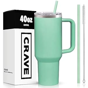 Crave Cups 40oz Tumbler With Handle And Straw l Insulated Stainless Steel Double Wall Spill Proof Water Bottle Travel Mug l Cupholder Friendly Vacuum Sealed Tumblers With Lid (Seafoam)