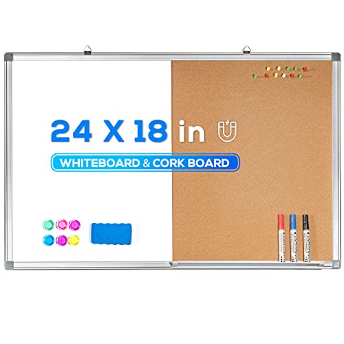 Magnetic White Board and Bulletin Cork Board Combination, 24 x 18 Inch Dry Erase Board Bulletin Combo Board, Hanging Wall Mounted Message Board Corkboard for Home, School, Office