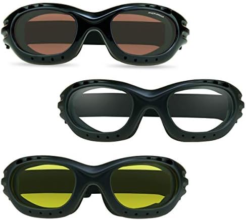 Bikershades Motorcycle Goggles Sunglasses Amber High Definition, Clear & Night Yellow Foam Cushion Adjustable Strap Ski Sky Diving