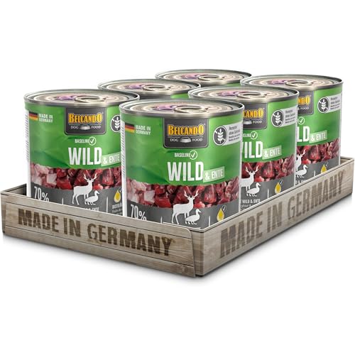 BELCANDO Baseline Nassfutter für Hunde, Wild & Ente, 6X 800g Dose, 70% Fleisch für ausgewachsene Hunde, Hundefutter nass ohne Getreide, Made in Germany